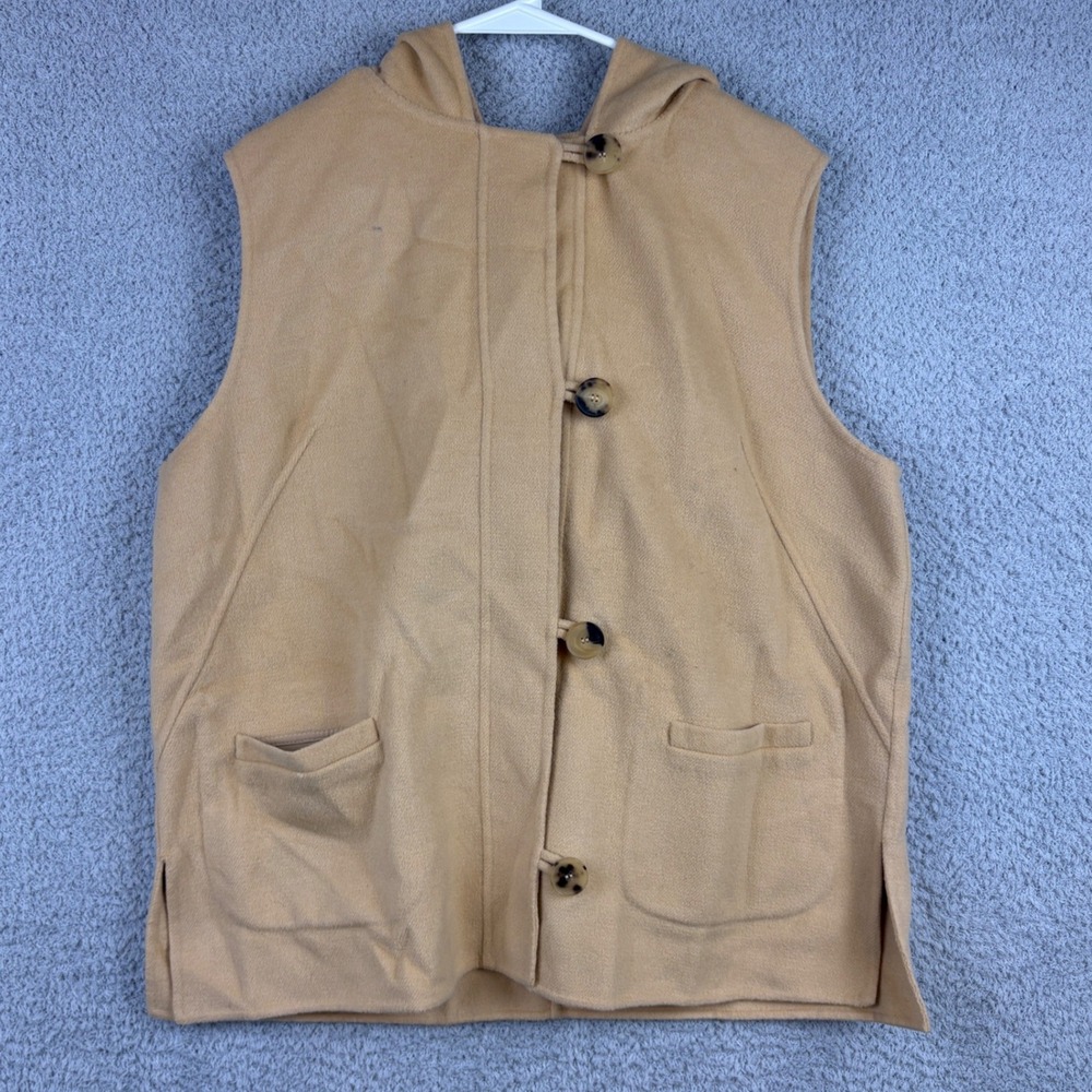 St John Vest Womens Large Tan Wool Angora Cashmere Hooded Hand Sewn Luxury Vest